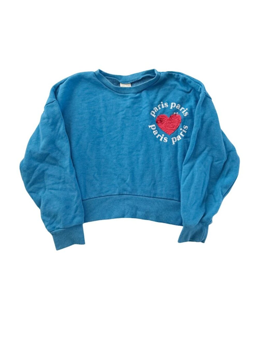 Zara Kids Blue Paris Heart Crewneck Sweatshirt Sequin Heart Sz 9